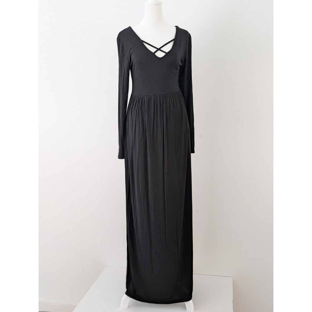 Unbranded Dress Women M Black Crisscross Detail V-neckline Maxi Casual